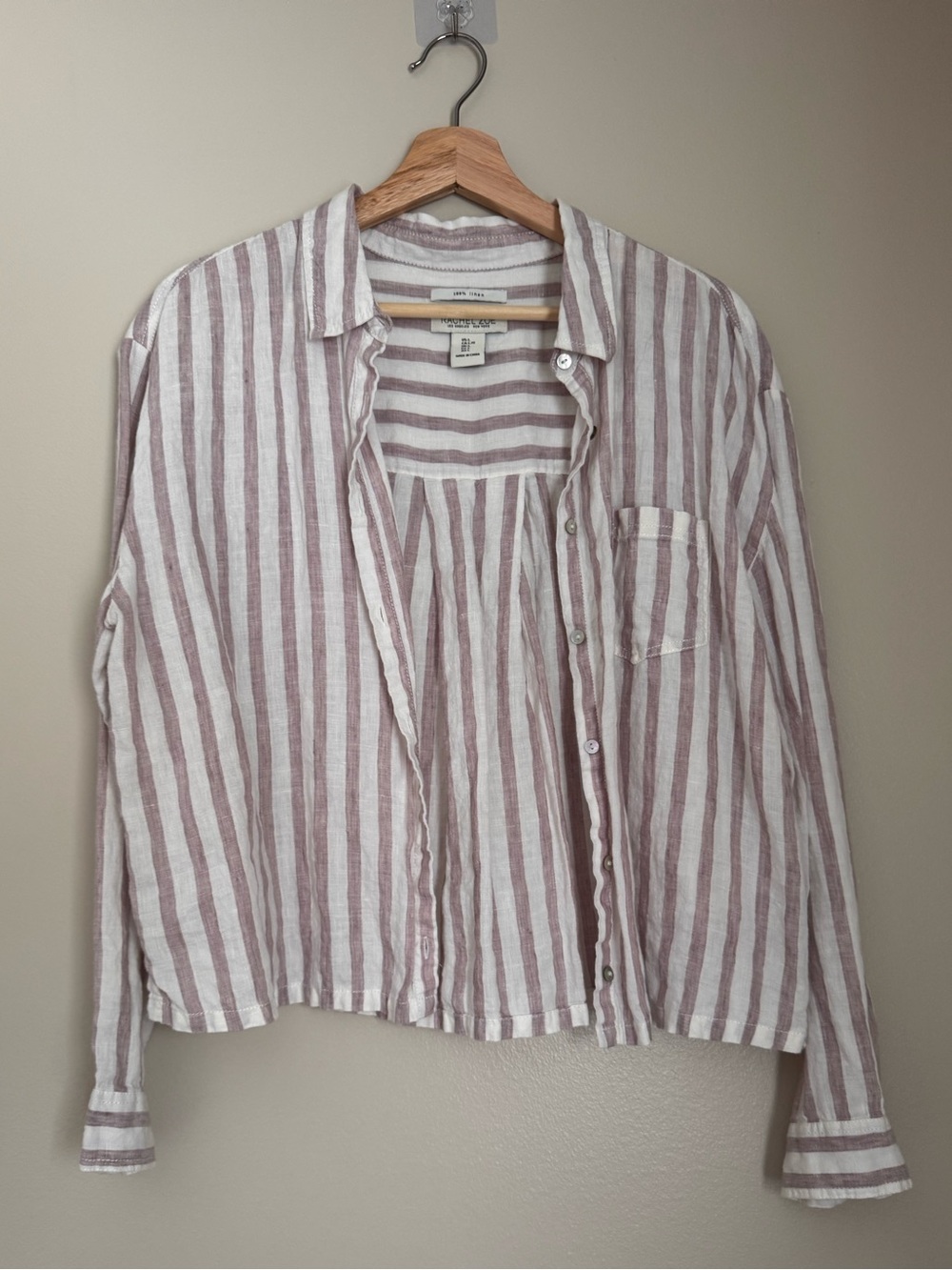 Rachel Zoe Cropped Striped Linen button down size L mauve - Picture 1 of 5